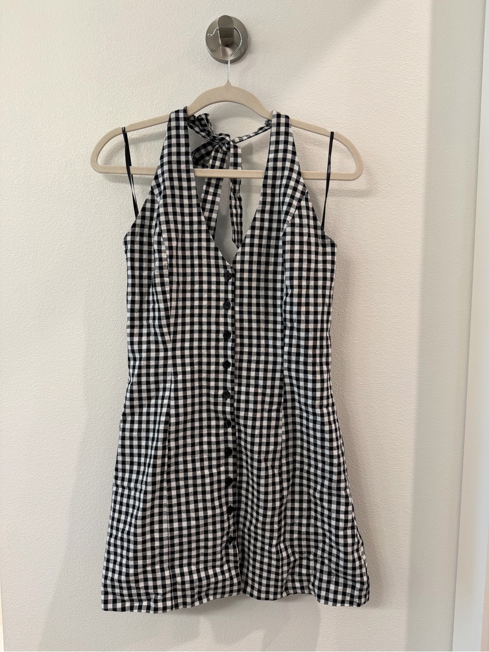 Forever 21 Black & White Gingham Halter Tie-Back Mini Dress